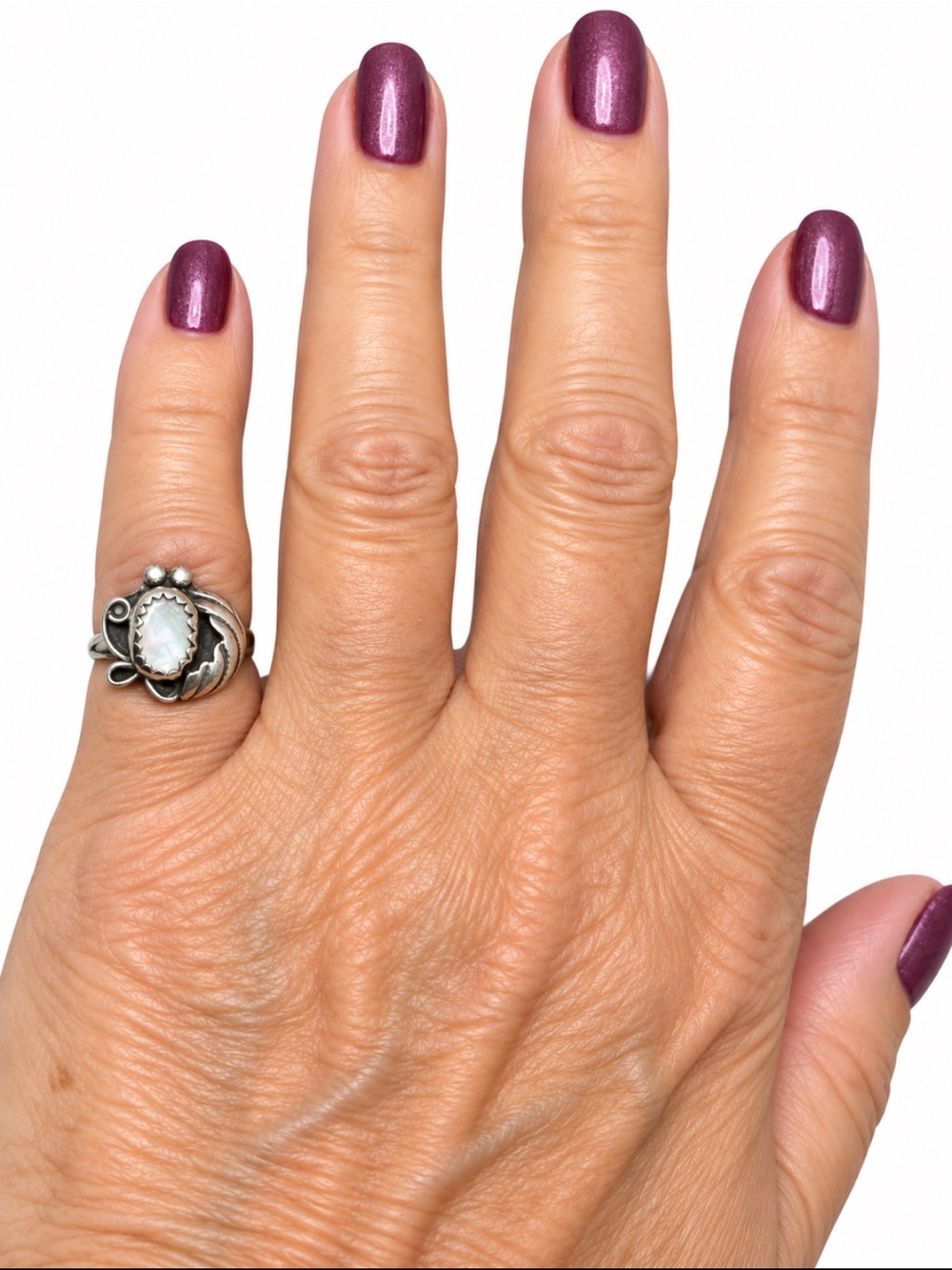 Vintage Mother of Pearl Silver Floral Scroll Ring  Boho Sz 4